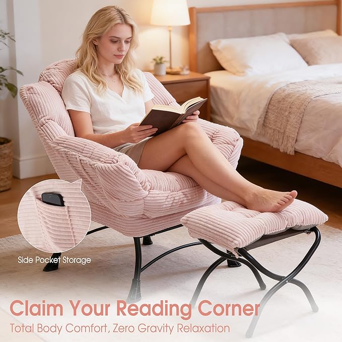 Lazy Chair with Ottoman, Comfy Lounge Chair for Reading, Relaxing, and Napping, Perfect for Living Room, Bedroom, or Office, Pink