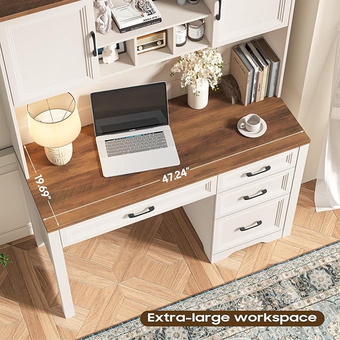 Vabches Farmhouse Executive Desk with 4 Drawers and Storage Cabinet, Rustic Large Home Writing Desk with Hutch, Workstation for Bedroom, White