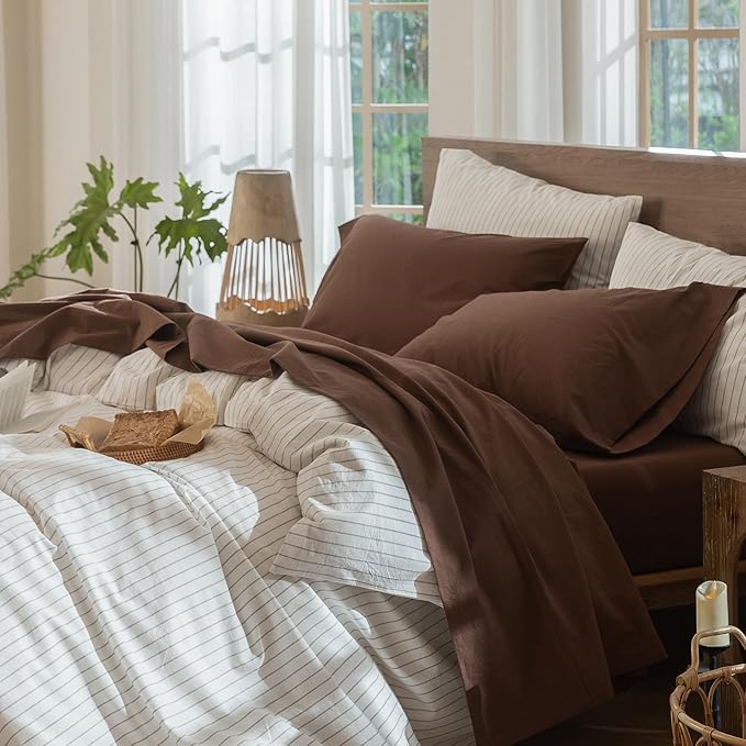 MooMee Bedding Sheet Set 100% Cotton Linen Like Textured Breathable Durable Soft Comfy (Solid Cocoa Brown, Queen)
