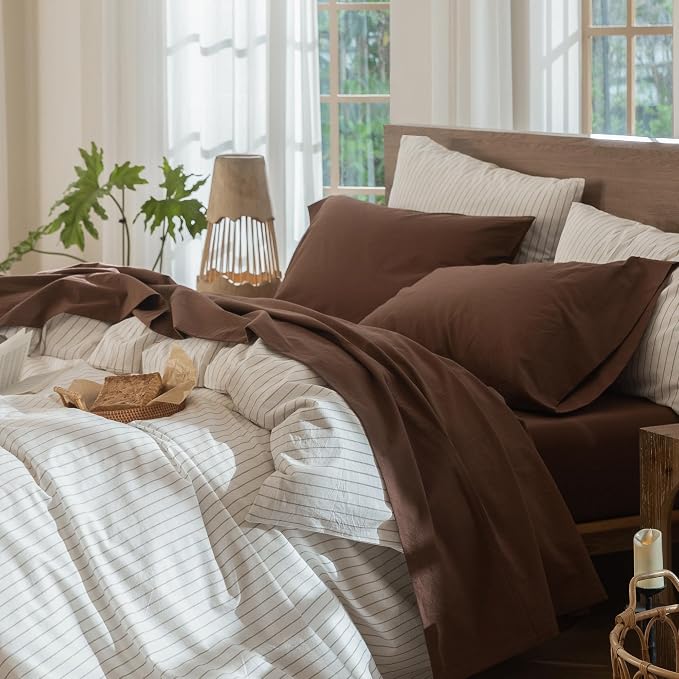 MooMee Bedding Sheet Set 100% Washed Cotton Linen Like Textured Breathable Durable Soft Comfy (Solid Cocoa Brown, Full)