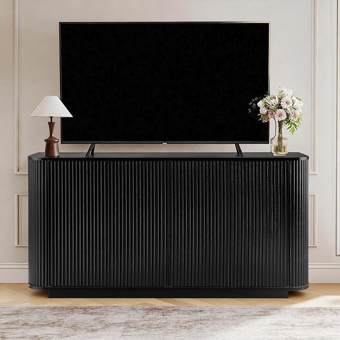 LKTART 64" Buffet Cabinet with Storage, Modern Fluted Accent Sideboard Media Console Credenza with Adjustable Shelves Pressed Spring for Kitchen Living Room,31.5" H (Black)