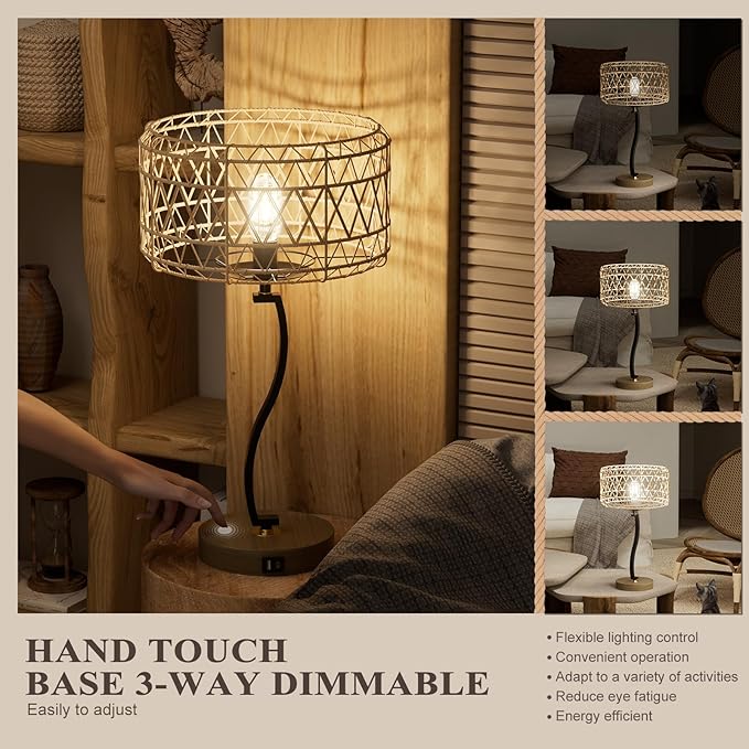 N11-2 Large Rattan Boho Table Lamp, 23" Bohemian Decor Light with USB-A & Type-C Charging Ports, Touch Control 3-Way Dimmable Farmhouse Lamp for Nightstand, Bedroom, Living Room(Bulb Included)