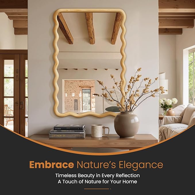 TRAHOME 24x36 Wavy Wood Bathroom Vanity Mirror, Boho Wall Mirror with Natural Wood Frame for Over Sink, Entryway, Bedroom