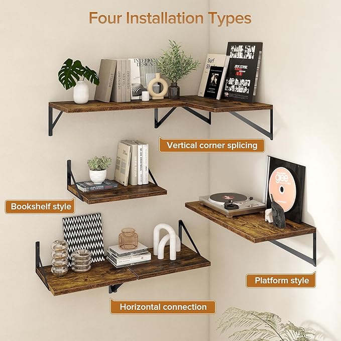 Deep Floating Shelves Wall Mounted, 24"x12" Brown Wood Shelves with Brackets Set of 2 for Bedroom, Living Room, Bathroom, Kitchen, Office - Storage & Display Shelf for Decor, Books, Plants