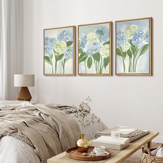 MUDECOR Framed Wall Art Print Set Blue Hydrangea Floral Botanical with Green Leaves Illustrations Modern Art Boho Decorative Colorful Chic for Living Room, Bedroom, Office - 16"x24"x3 Natural
