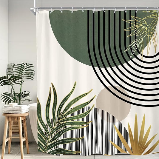 KOMLLEX Mid Century Green Boho Shower Curtain 72Wx78L Inches Abstract Modern Shower Curtains for Bathroom Gold Plant Botanical Minimalist Arch Sun Fabric Liner Waterproof Polyester 12 Pack Hooks