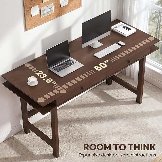 Double-Top Solid Wood Desk - 60-Inch Mid-Century Modern Writing Table with Drawers for Home Office, Study, and Creation, Rubberwood Computer Desk in Black Walnut
