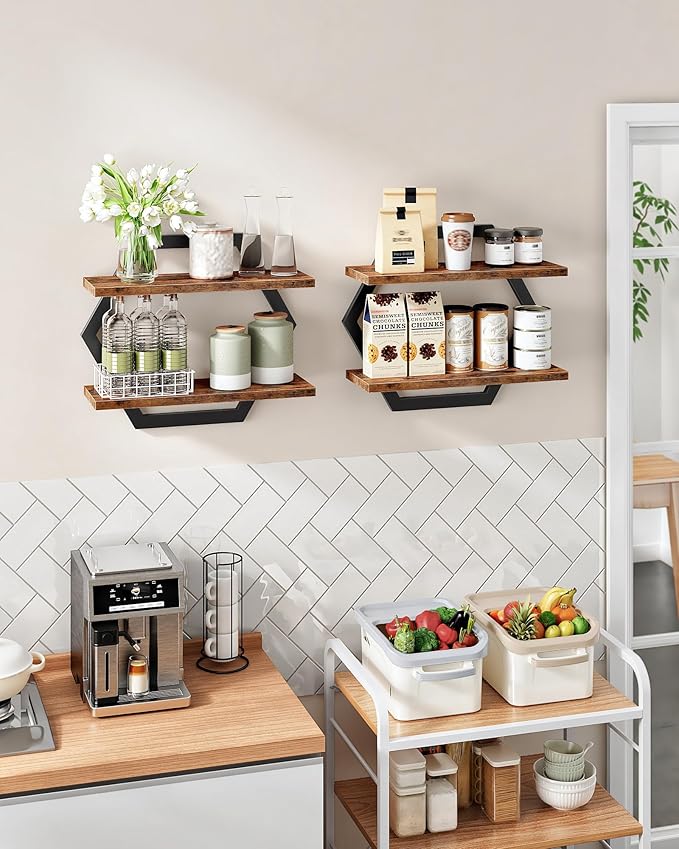 Hexagon Floating Shelves for Wall, Set of 2, 2 -Tier Hanging Shelves, Wall Mounted Storage Shelves, for Living Room, Bedroom, Kitchen, Home Office, Study, Rustic Brown and Black TBJ06P2BF