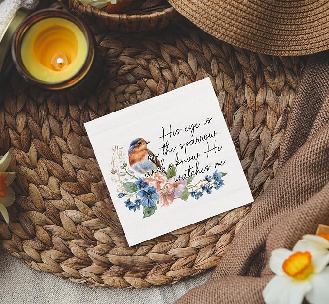His Eye Is on the Sparrow Birds Decor Sign - Christian Scripture Religious Bird Office Home Shelf Desk Decor,Bible Verse Religious Wooden Box Sign,Christian Bird Gifts For Women