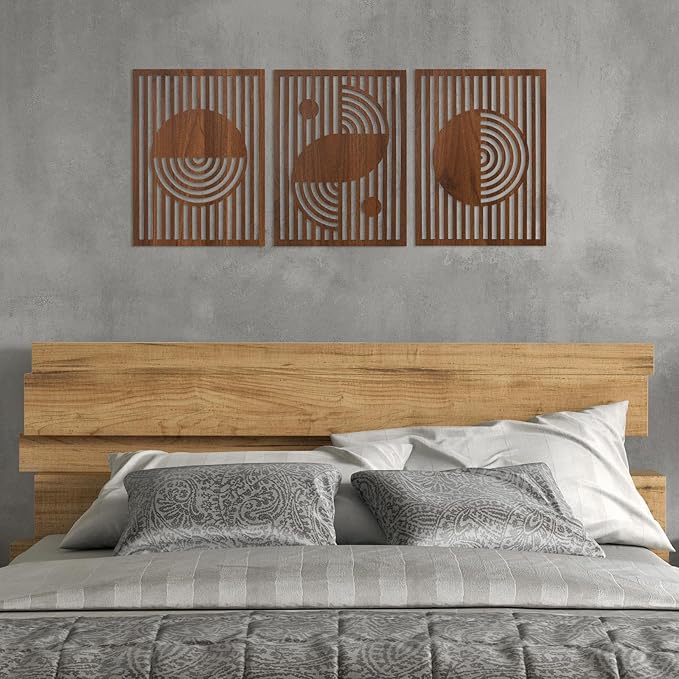 pechpell Set of 3 Mid Century Modern Wall Art, 15.7×11.8 Inch Brown Wooden Abstract Wood Wall Panels, Minimalist Geometric Decor for Living Room Bedroom Rustic Farmhouse Home Decorations