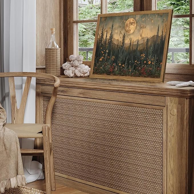 Vintage Nature Forest Wall Art Dark Moon Landscape Painting Wall Decor Woodland Picture Artwork 3D Textured Hand Drawn Sandstone for Farmhouse Bedroom Living Room 12x16 inch Wood Framed