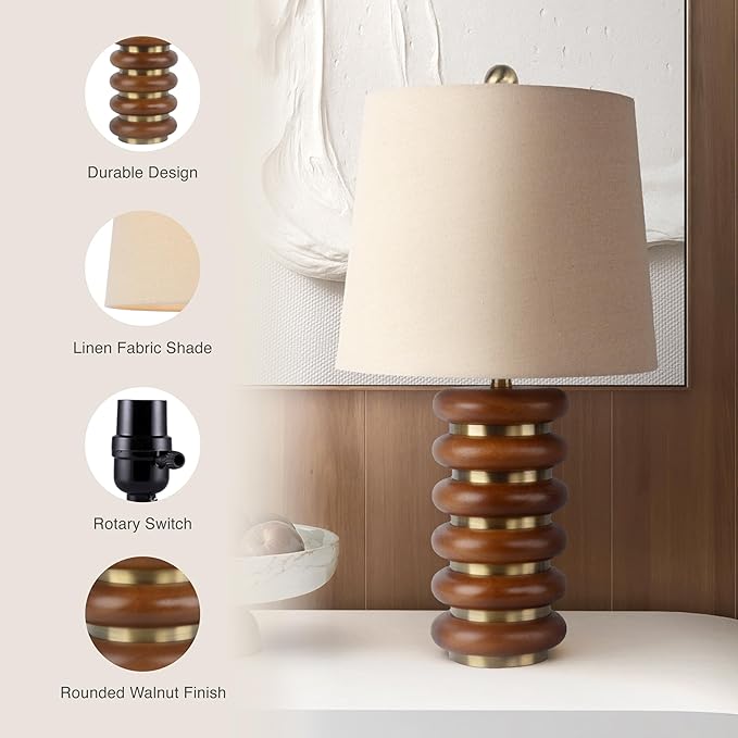 Abani Table Lamp Thalia Stacked Ring 21.5” – Mid-Century Modern Brown Wood Base with Wheat Linen Shade – E26 Bulb Included – Stylish Desk Lamp for Bedroom, Living Room, Dorm or Nightstand