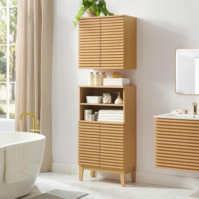 Modway Render Bathroom Cabinet Set in Oak - Freestanding Linen Cabinet and Wall Mounted Storage with Slatted Doors, Adjustable Shelves