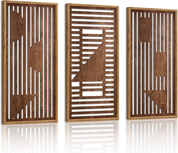HPNIUB 3PCS Wooden Geometric Wall Decor, Modern Stripes Wood Design Wall Sculpture for Living Room, Vintage Minimalist Mid Century Rectangle Wood Sign Geometry Artwork for Home Bedroom(8x16Inch)