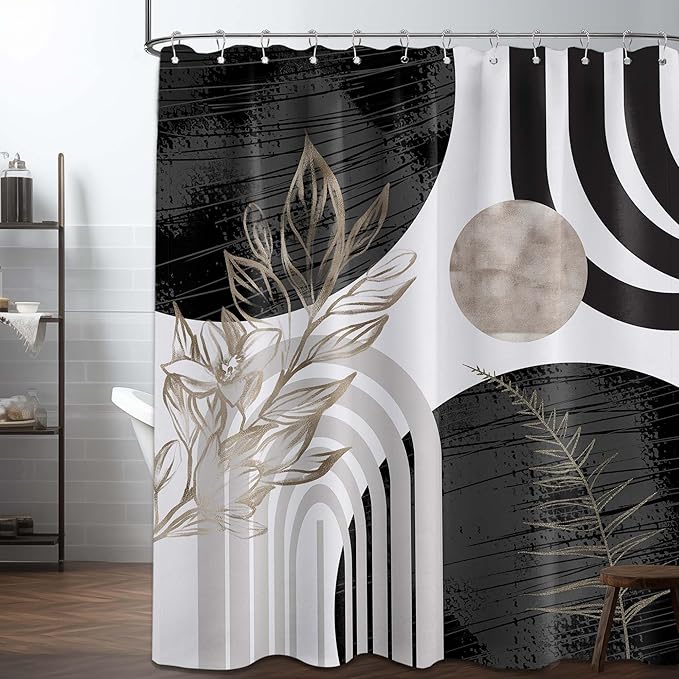 Mid Century Modern Black and White Shower Curtain Cool Charcoal Grey Silver Shower Curtains for Mens Bathroom Decor Sets, Abstract Boho Pattern, Waterproof Cloth Fabric with Hooks 60x72 in