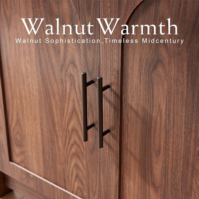 RowyPoey Rattan Arched Cabinet Bookshelf - 69.3” Tall Mid Century Display Cabinet, Rounded Bookcase with Rattan Doors, Open Shelf Storage for Dining Room (Walnut, 2 PCS)