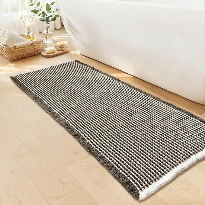 Waffle Bath Mat - Boho Bathroom Rugs Non Slip Washable, Super Absorbent & Quick Dry, Soft Bath Mat Farmhouse Bathroom Decor, 20'' x 48'', Olive Green and White