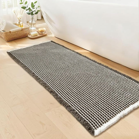 Waffle Bath Mat - Boho Bathroom Rugs Non Slip Washable, Super Absorbent & Quick Dry, Soft Bath Mat Farmhouse Bathroom Decor, 20'' x 48'', Olive Green and White