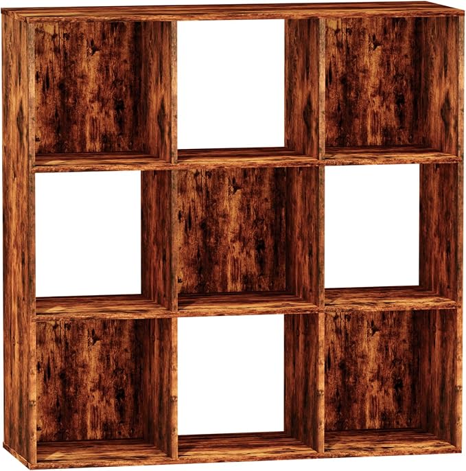 9 Cube Storage Organizer, Free Standing Display Shelf with Open Cubes, Floor Standing Book Shelf Bookcase with Storage for Home Office, Living Room, Bed Room (Vintage Brown, 9-Cube)