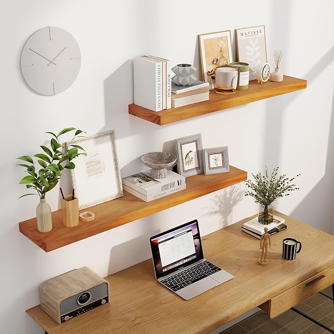 Fun Memories Floating Shelves, 9.3 Inch Deep Solid Pine Wood Wall Shelves for Storage, Rustic Wall Mounted Display Shelf with Invisible Heavy-Duty Metal Bracket, 55 Inch Width, Honey Oak