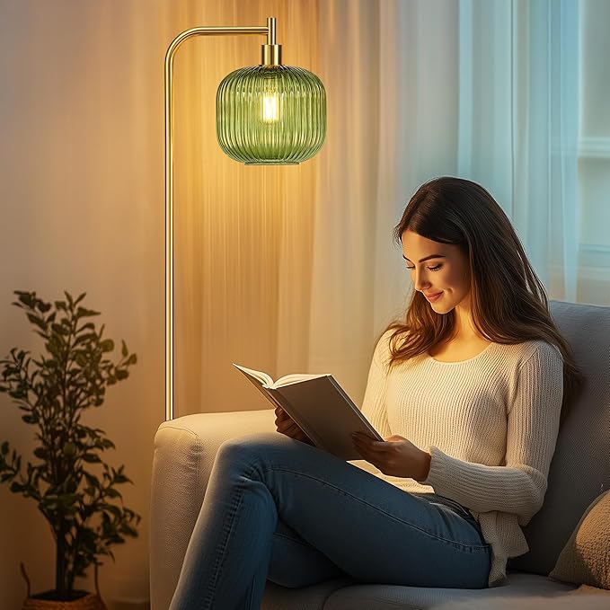 QiMH Glass Floor Lamp for Living Room, Modern Standing Lamp with Ribbed Glass Lampshade Pedal Switch, 67” Tall Lamp for Bedroom Study Room, Brushed Gold (2700K LED Bulb Included)