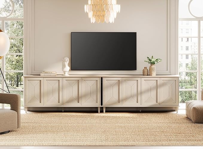 WAMPAT 130-inch Handcrafted Patchwork Decorative Buffet Cabinet with Pop-Up Design Doors,2-in-1 Large Modern Farmhouse Accent Credenza for Coffee Bar, Kitchen, and Living Room, Light Oak
