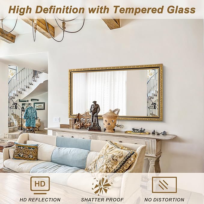 Large Vintage Decorative Mirror for Wall, 52'' x 28'' Gold Antiuqe Living Room Mirror with Black Gold Frame, Traditional Vintage Gold Wooden Mirrors, Horizontal/Vertical