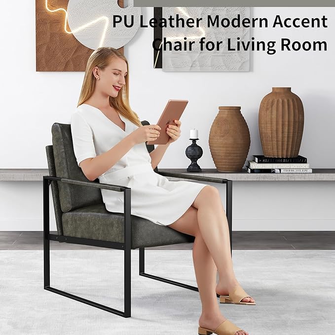 CANMOV Modern Accent Chair Set of 2, PU Leather Armchair with Metal Frame,Comfy Single Reading Chair with Soft Padded Backrest and Cushion for Living Room, Bedroom,Reading Room,Office,Dark Grey