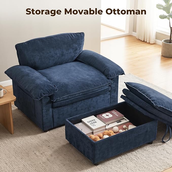 Furnimart Oversized Accent Chair with Storage Ottoman, Super Plush Cloud Chair with Chunky Cushion, Comfy Chenille Chaise Lounge, Dark Blue Lounge Chair for Living Room Bedroom Reading Nook