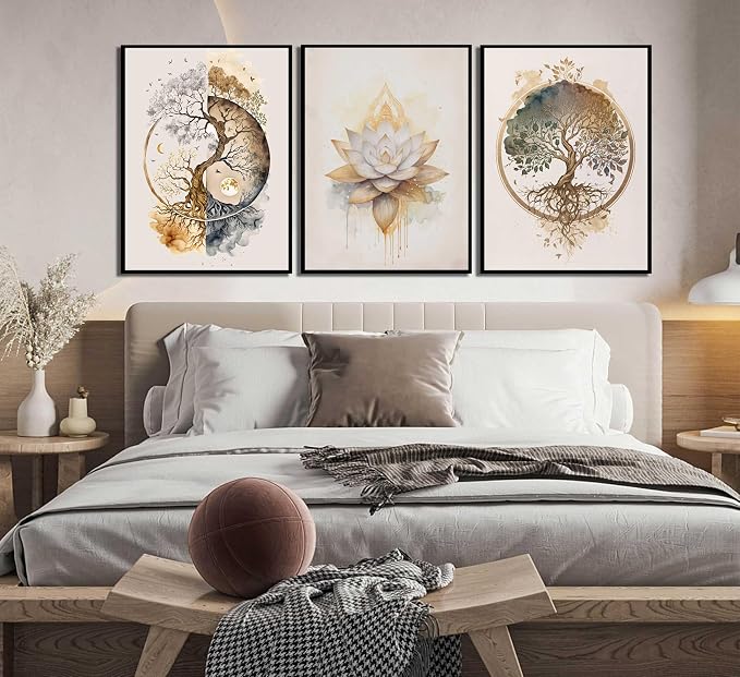 3 Pcs Tree of Life Wall Art Modern Gold Lotus Zen Canvas Wall Decor Abstract Yin Yang Posters Pictures Yoga Meditation Studio Painting Prints For Living Room Hotel Bedroom Home Decoration Unframed