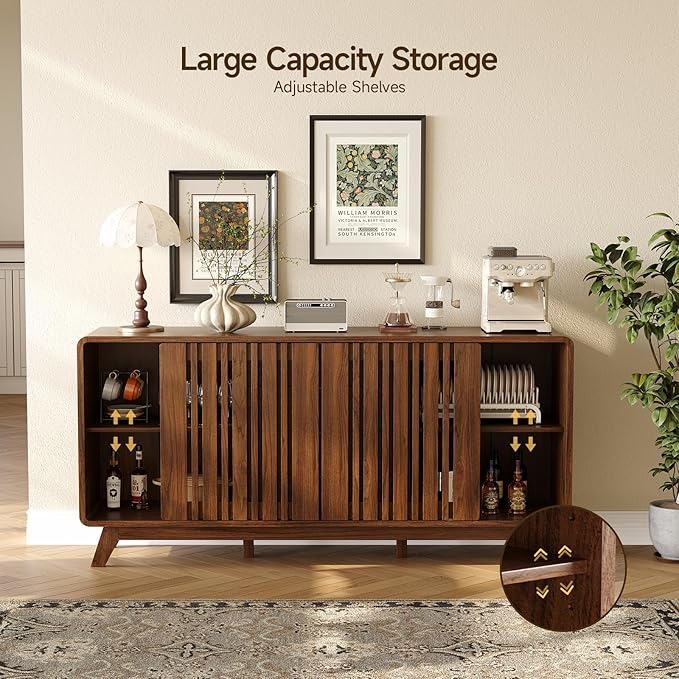 ONBRILL Sideboard Buffet Cabinet with Storage, Fluted Buffet Cabinet with Sliding Doors & 4 Drawers, Mid Century Modern Coffee Bar Wine Bar Credenza for Living Room, Kitchen (Walnut)