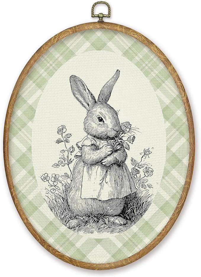 CGBHW Vintage Bunny Nursery Oval Wall Art Decor, Grandmillennial Floral Bunnyxxx Canvas Prints Framed, Rustic Easter Rabbit Wall Art Hanging Decor for Nursery Home Kitchen Bedroom Living Room, 8.6x11.4 Inch