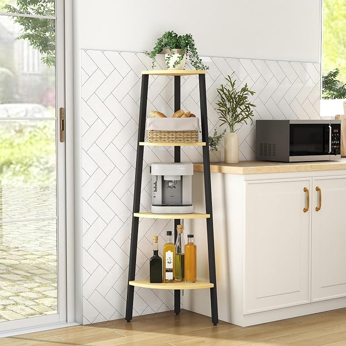 Corner Shelf, 4 Tier Ladder Corner Bookshelf, Display and Bookshelf Stand Unit, Anti Tip Feature, Space Saving, Ideal for Plants, Books, Living Room, Bedroom, Natural Oak