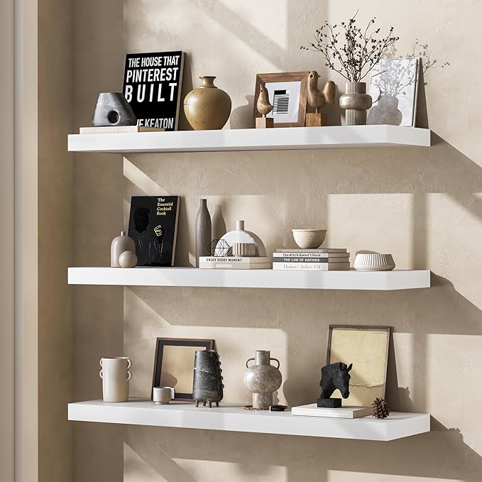 Fun Memories Farmhouse Floating Shelves - 8 Inch Deep Rustic Wood Wall Shelf - Premium Solid Pine Wood Storage Shelf for Kitchen Living Room Bedroom - 30" W x 8" D - Set of 2 - White