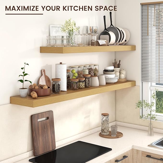 Floating Shelves for Wall, 72 Inch Wide x 12 Inch Deep Floating Shelves, Long Wood Floating Wall Shelf Shelves for Living Room Bathroom Bedroom Kitchen Home - (Oak, 72" W x 12" D x 2" H)
