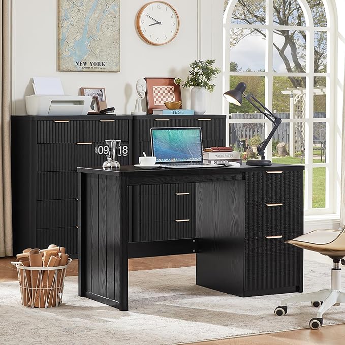 LEYAOYAO Office Desk 48" with 3 Drawers Storage File Cabinet Wood Fluted Desk for Computer Office Bedroom Home Furniture Black