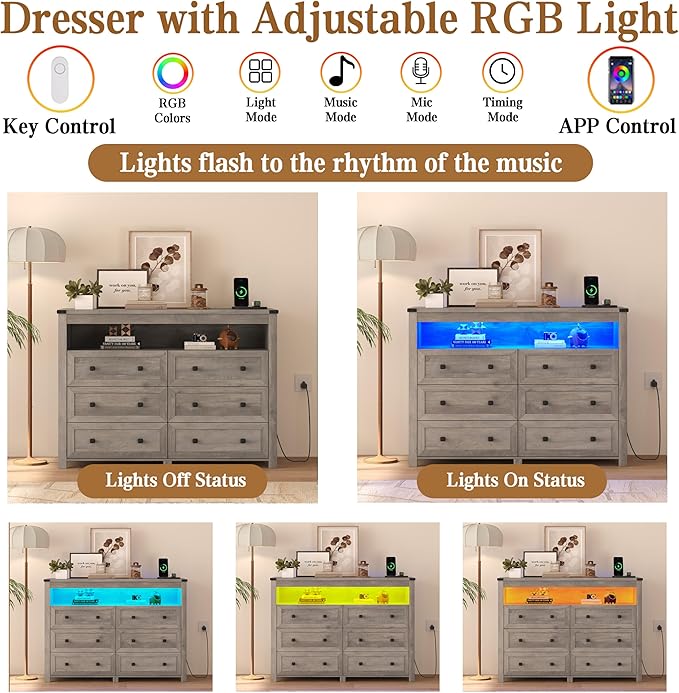 Grey Dresser 6 Drawer Dressers for Bedroom with LED Lights, Charging Station, Wood Chest of Drawers with Metal Handles, Modern TV Stand Storage Cabinet for Living Room, Hallway, Entryway, Gray