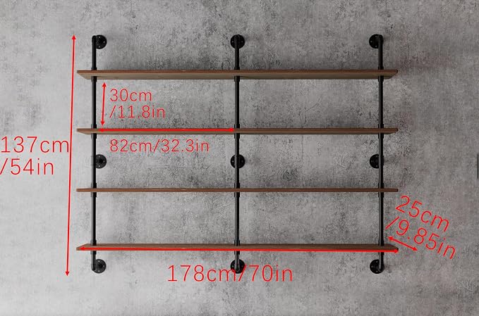 HDDFER Floating Book Shelves for Wall 4 Tier 70 inch Bookshelf Industrial Pipe Shelving Shelves Bookcase Industrial Bookshelves Pipe Shelf Wood Wall Shelf for Living Room