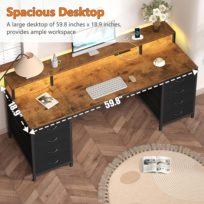 YOMILUVE 60 Inch Computer Desk with 8 Fabric Drawers, Gaming Desk with LED Lights & Power Outlets, Home Office Desk with Monitor Stand, Rustic Brown