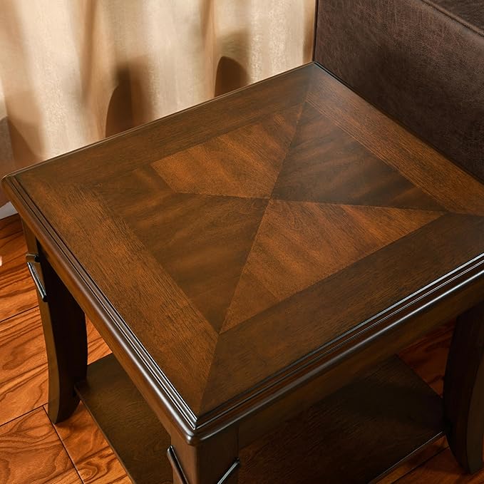 2-Set Solid Wood End Table with Storage Shelf, Cherry Walnut