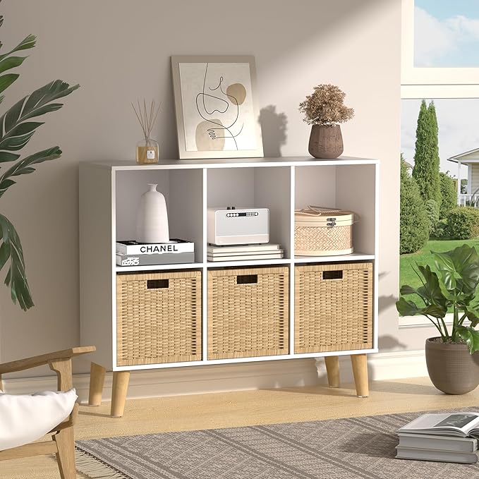 6 Cube Storage Organizer with Legs, 2 Tier Cube Low Bookcase Freestanding Storage Display Organizer for Home Office, Six-Cubes Open Shelf Bookshelf (White, 6 Cube Horizontal)