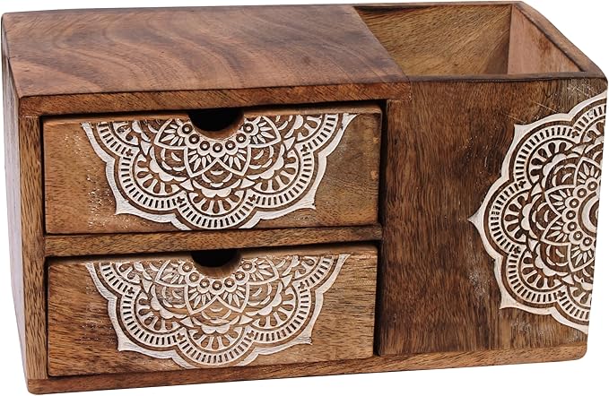 Wooden Hand craved Desk Organizer Pencil Pen Stationery Holder Cosmetic Storage Desk Box Home Office Art Supplies with 2 Drawer Wooden Tabletop Stationery Holder with 2 Drawers Storage Cabinet