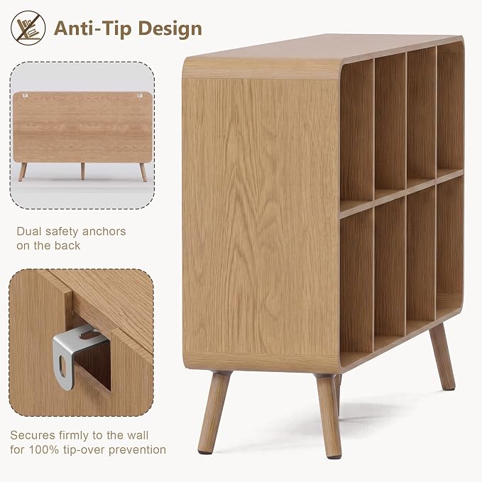 YOSHOOT 8 Cube Bookshelf - 46.5" Wood Cube Bookcase with Legs, Open Cubby Bookshelves with Curved Profile Design for Bedroom, Living Room,Home Office, Nature