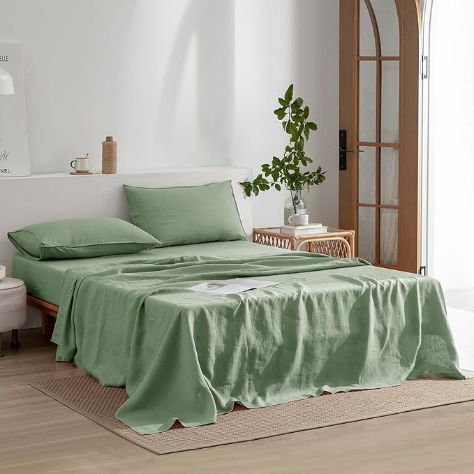 EVERLY Linen Sheets Set Twin Size,100% French Pure Linen Sheets Set,3Pieces (1Flat Sheet,1Fitted Sheet,1Pillowcase) Suitable for Hot Sleepers, Stonewash Deep Pocket Natural Bedding Set-Saga Green