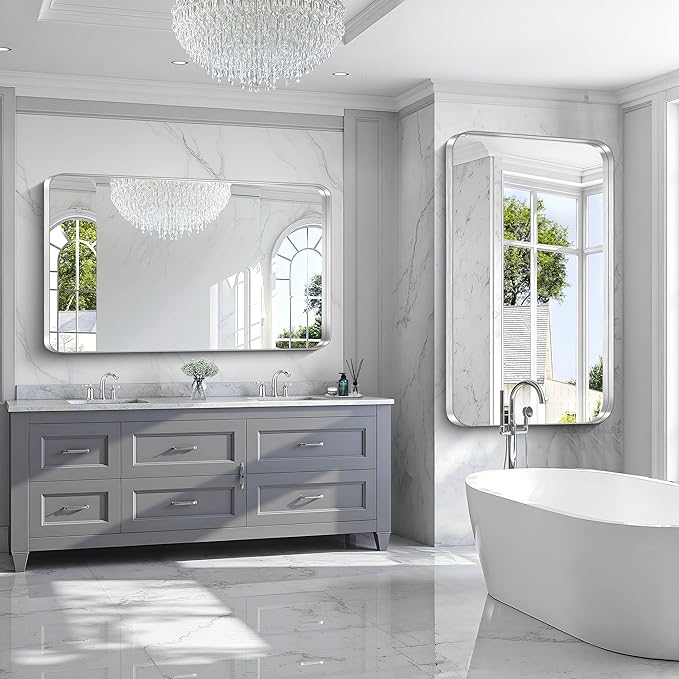 CIRCUMI Silver Bathroom Mirror, 36"x60" Rectangular Mirror with Deep Metal Frame, Rounded Corner, Tempered Glass, Large Mirror for Wall, Over 2 Sinks, Installed Vertically/Horizontally, Crystal-Clear