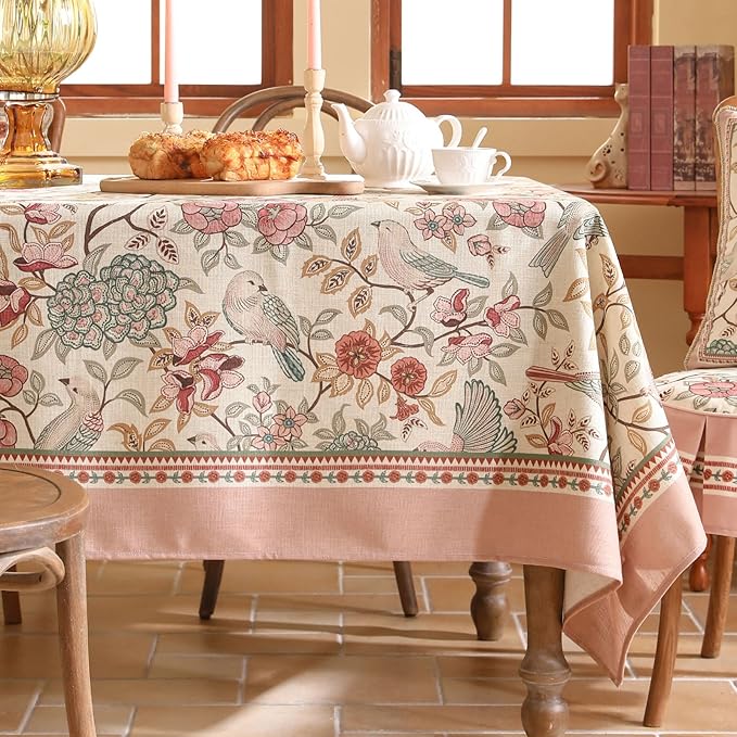patdrea Designer Pink Linen Table Cloth for Rectangle Table,Vintage Floral with Birds Pattern Decorative Tablcloth,French Table Cover for Kitchen Dining,Thanksgiving,Christmas,67"x118"-Kulom a