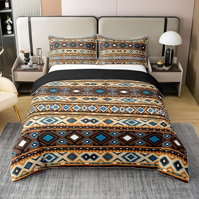 Erosebridal 100% Natural Cotton Boho Tribal Duvet Cover King, Retro Exotic Bedding Set, Vintage Lattice Bohemian Comforter Cover, Orange Antique Grid Damask Tribal Ethnic Egyptian Quilt Cover