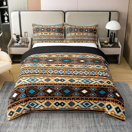 Erosebridal 100% Natural Cotton Boho Tribal Duvet Cover Twin, Retro Exotic Bedding Set, Vintage Lattice Bohemian Comforter Cover, Orange Antique Grid Damask Tribal Ethnic Egyptian Quilt Cover