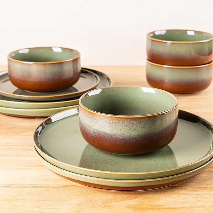 TheTerra Ceramic Dinnerware Sets for 4, 12 Pieces Handmade Reactive Glaze Plates and Bowls Set, Scratch Resistant Dish Set, Oven & Microwave & Dishwasher Safe, Sage Umber