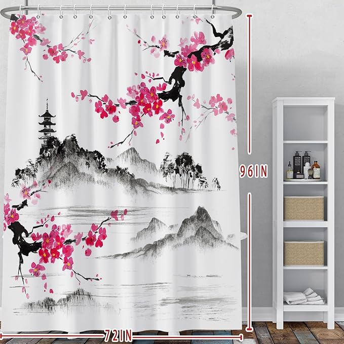 Baocicco Plum Blossom Shower Curtain Pink Cherry Blossom Floral Misty Mountains Shower Curtains Decorative for Bathroom Waterproof Fabric Shower Curtain with Hooks 72x96 Inches
